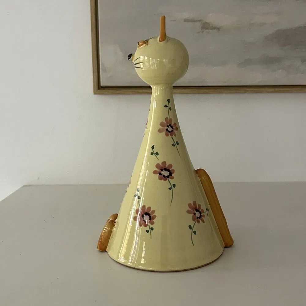 Vintage Italian Pottery Long Neck Cat Bank Signed Italy Hand Painted Floral